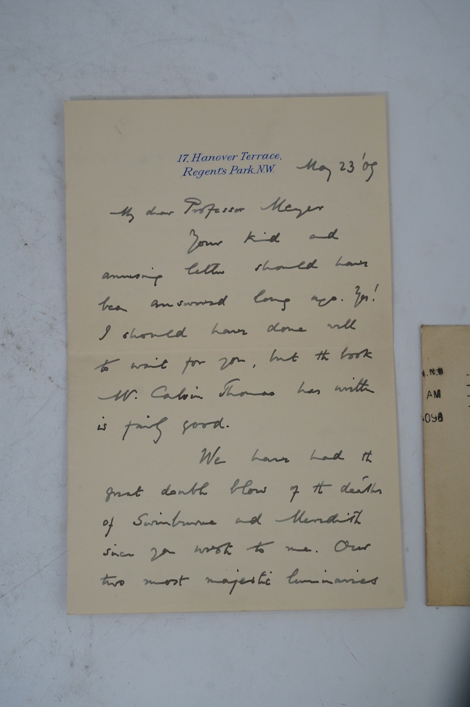 Edmund Gosse (1849-1928). Handwritten letter with full signature, to a Professor Richard Meyer, 23 May 1909. Discusses the “double blow” of the recent deaths of “our two most majestic luminaries”